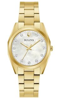 Elegante reloj de mujer de Bulova con esfera de nácar y 11 diamantes en acero tono dorado - Surveyor Collection | 97P172
