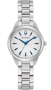 Bulova Sutton reloj de mujer con esfera plateada blanca y marcadores de hora azules | 96L285