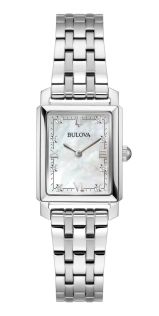 Elegante reloj rectangular para mujer de Bulova con esfera de nácar y diamantes en acero - Sutton Collection | 96P244