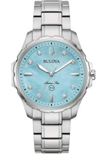 Elegante reloj de mujer de Bulova con diamantes y esfera de nácar azul en acero inoxidable - Marine Star Collection | 96P248