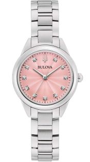 Elegante reloj de mujer de Bulova con esfera rosa y 11 diamantes en acero inoxidable - Sutton Collection | 96P249