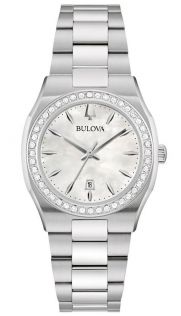 Elegante reloj de mujer de Bulova con esfera de nƔcar y bisel con diamantes en acero inoxidable - Surveyor Collection | 96R245