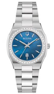 Elegante reloj de mujer de Bulova con esfera de nácar azul y bisel con diamantes en acero inoxidable - Surveyor Collection | 96R246