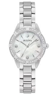 Elegante reloj de mujer de Bulova con esfera de nácar y 19 diamantes en acero inoxidable - Sutton Collection | 96R253