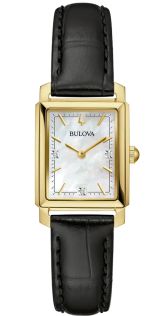 Elegante reloj rectangular de mujer de Bulova con esfera de nácar y diamantes en acero tono dorado - Sutton Collection | 97P166