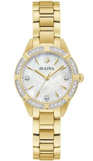 Elegante reloj de mujer de Bulova con esfera de nácar y 19 diamantes en acero tono dorado - Sutton Collection | 98R297