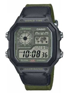 Reloj digital Casio con hora mundial, correa NATO verde y resistencia 100M | AE-1200WHUB-3AVEF