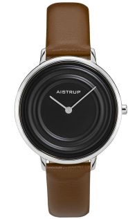 Exclusivo reloj de mujer negro con efecto de anillos de agua y correa de cuero marrón de la colección Aistrup Raindrop | AIW7720