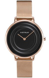 Reloj de mujer moderno con efecto de anillo de agua negro y correa de malla en acabado rosado de la colección Aistrup Raindrop | AIW7705