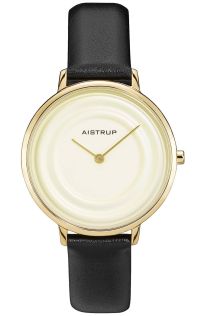 Reloj exclusivo para mujer con efecto de anillos de agua color crema y acabado dorado de la colección Aistrup Raindrop con correa de cuero negro | AIW7712