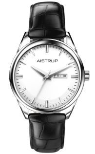 Elegante reloj de hombre con esfera blanca, visualización de día y fecha y correa de cuero negro con textura de cocodrilo | AIW7802