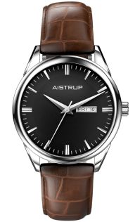 Reloj de pulsera sofisticado con esfera negra, visualización de día y fecha, y correa de cuero marrón con elegante textura de cocodrilo | AIW7803