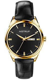 Reloj de pulsera de lujo con esfera negra, visualización de día y fecha en acabado dorado con elegante correa de cuero negro con textura de cocodrilo | AIW7808