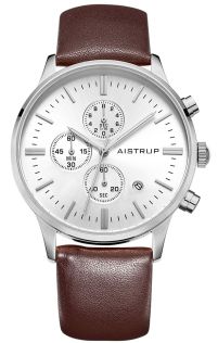 Reloj clásico para hombre con esfera blanca, función de cronógrafo y caja de reloj de acero inoxidable de 43mm con correa de cuero marrón | AIW8104