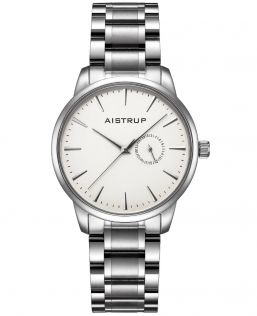 Elegante reloj de hombre con esfera blanca, visualización de fecha y correa de acero inoxidable en diseño minimalista | Aistrup Rounded Elegance AIW8201
