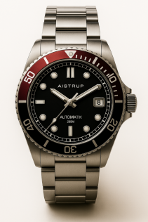 Reloj de buceo automático elegante con esfera negra, bisel rojo y resistencia al agua de 200 metros de calidad profesional | AIW8302