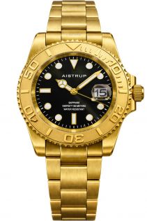 Aistrup lujoso reloj de pulsera para hombre con esfera negra, bisel giratorio en tono dorado y brazalete de acero en tono dorado | AIW8803