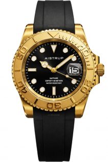 Aistrup reloj deportivo para hombre con esfera negra, bisel giratorio en tono dorado y correa de goma negra | AIW8804