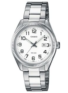 Reloj de acero para damas Casio con esfera blanca y números arábigos | LTP-1302PD-7BVEG