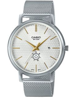 Reloj de vestir Casio con correa de malla plateada y patrón geométrico | MTP-B125M-7AVEF