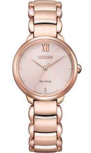Citizen Eco-Drive reloj de mujer en rosado con diamante, números romanos y cristal de zafiro | EM0922-81X