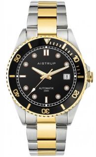 Reloj de buceo automático lujoso con esfera negra, diseño bicolor de acero y oro y resistencia al agua de 200 metros | AIW8303