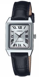 Reloj cuadrado para dama Casio con esfera plateada, números romanos y correa de cuero | LTP-B150L-7B1EF