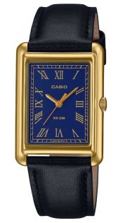 Reloj rectangular dorado Casio con esfera azul y números romanos | LTP-B165GL-2BVEF