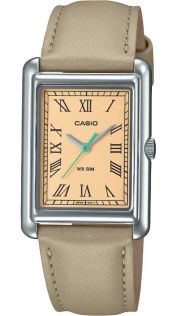 Reloj cuadrado Casio para dama con esfera salmón-rojo y números romanos | LTP-B165L-5BVEF