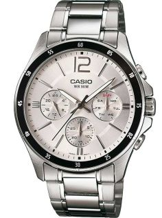 Reloj cronógrafo clásico plateado Casio con pantalla de día y fecha | MTP-1374PD-7AVEF