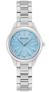 Reloj elegante para mujer de Bulova con esfera azul claro y 11 diamantes en acero inoxidable - Sutton Collection | 96P250