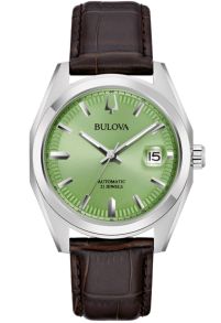 Elegante reloj automático para hombre de Bulova con esfera verde pistacho y correa de cuero marrón - Surveyor Collection | 96B427