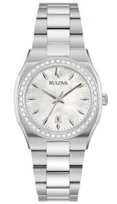 Elegante reloj de mujer de Bulova con esfera de nácar y bisel con diamantes en acero inoxidable - Surveyor Collection | 96R245