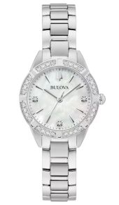 Elegante reloj de mujer de Bulova con esfera de nácar y 19 diamantes en acero inoxidable - Sutton Collection | 96R253