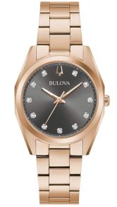 Bulova Surveyor reloj de mujer con esfera gris, diamantes auténticos y caja de acero dorado rosa | 97P156