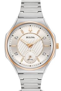 Bulova CURV reloj de mujer con esfera plateada, diamantes y caja bicolor | 98P182