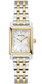 Elegante reloj rectangular para mujer de Bulova con esfera de nácar y diamantes en acero bicolor - Sutton Collection | 98P220