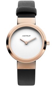 Reloj de mujer minimalista Aistrup con esfera blanca pura, acabado en oro rosa y correa de cuero negro para la mujer moderna | AIW7606