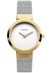 Reloj de mujer minimalista con esfera blanca, acabado dorado y correa de malla de acero en diseño de dos piezas | AIW7614
