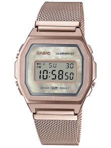 Reloj digital vintage Casio con nácar y correa de malla dorada | A1000MCG-9EF
