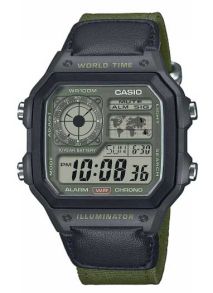 Reloj digital Casio con hora mundial, correa NATO verde y resistencia 100M | AE-1200WHUB-3AVEF