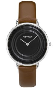 Exclusivo reloj de mujer negro con efecto de anillos de agua y correa de cuero marrón de la colección Aistrup Raindrop | AIW7720