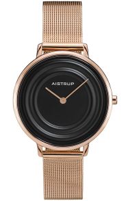 Reloj de mujer moderno con efecto de anillo de agua negro y correa de malla en acabado rosado de la colección Aistrup Raindrop | AIW7705