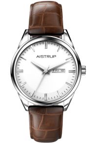 Reloj de pulsera clásico con esfera blanca, visualización de fecha y día, y correa de cuero marrón de la colección Aistrup Classic 78 | AIW7801