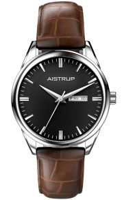 Reloj de pulsera sofisticado con esfera negra, visualización de día y fecha, y correa de cuero marrón con elegante textura de cocodrilo | AIW7803