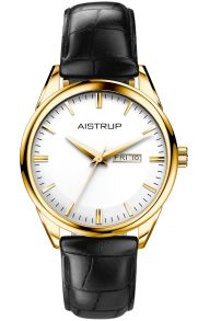 Reloj de pulsera exclusivo para hombre con esfera blanca, visualización de día y fecha en acabado dorado con correa de cuero negro con textura de cocodrilo | AIW7806
