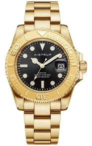 Aistrup lujoso reloj de pulsera para hombre con esfera negra, bisel giratorio en tono dorado y brazalete de acero en tono dorado | AIW8803