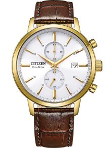 Citizen Eco-drive cronógrafo con caja de reloj chapada en oro | Reloj clásico para hombre con esfera blanca y correa de cuero marrón | CA7062-15A