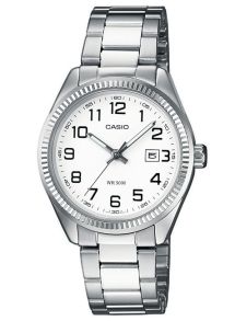 Reloj de acero para damas Casio con esfera blanca y números arábigos | LTP-1302PD-7BVEG