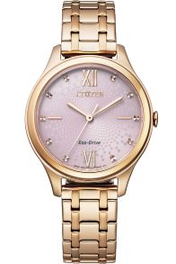 Citizen Eco-drive reloj de mujer con esfera de nácar | Elegancia chapada en oro rosa con marcadores de hora de cristal y reserva de marcha de 180 días | EM0503-75X